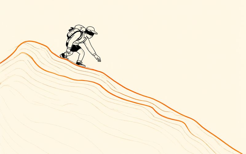 蒙眼登山者俯身用手感受坡度，朝低处迈一小步，脚下是等高线地形