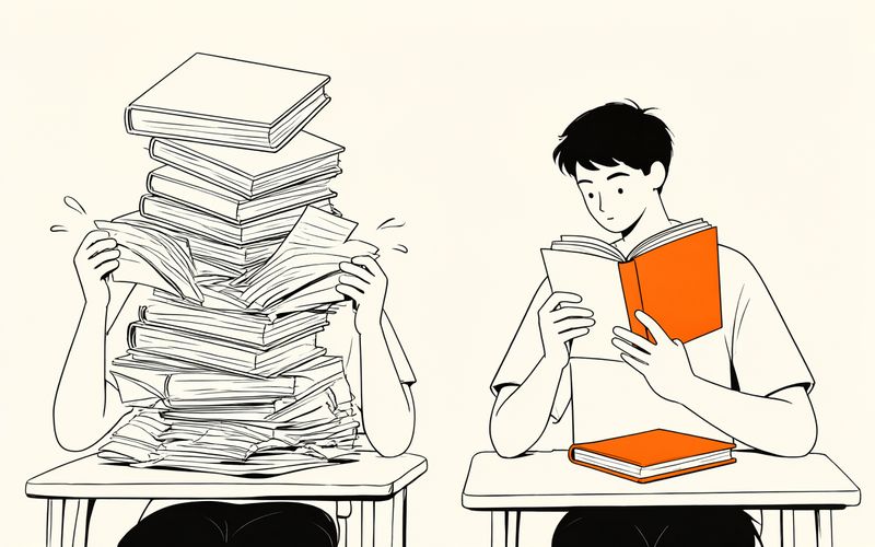 两个学生并排读书：左边一个抱着一摞从头翻的书满头汗，右边一个手边摊着笔记、只盯新的一页